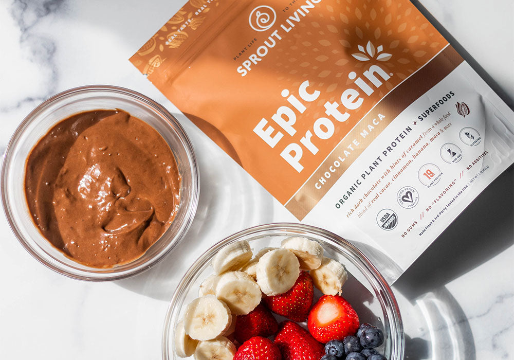 Chocolate Maca Fruit Dip with Epic Protein Chocolate Maca 1lb bag and fruit