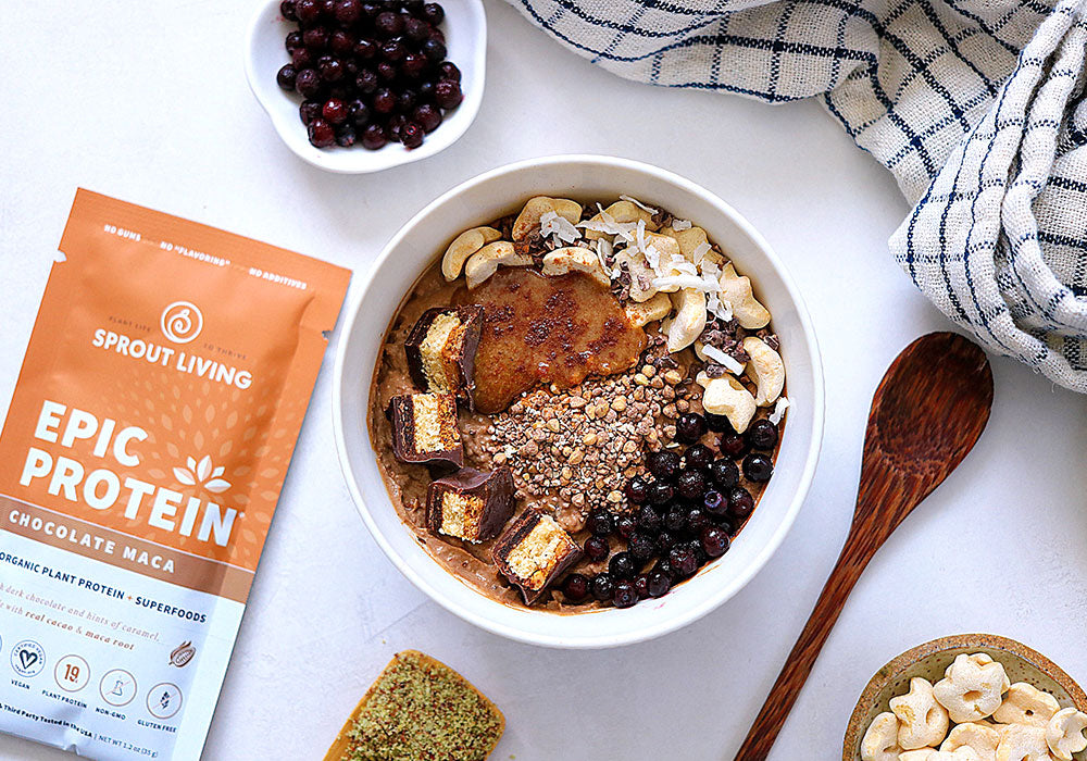 Chocolate Protein Fluff in bowl with Epic Protein Chocolate Maca packet