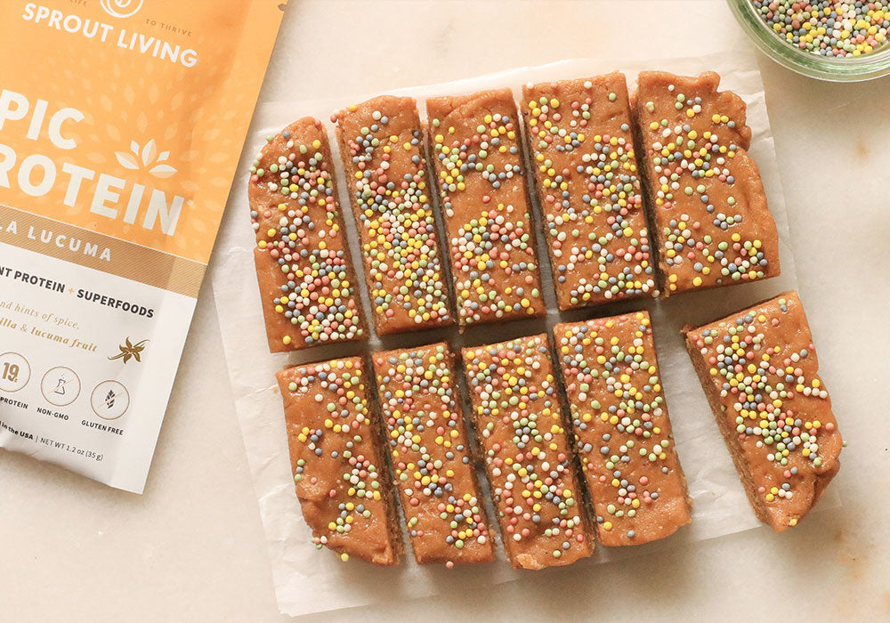 Funfetti Protein Bars with sprinkles and Epic Vanilla Lucuma packet