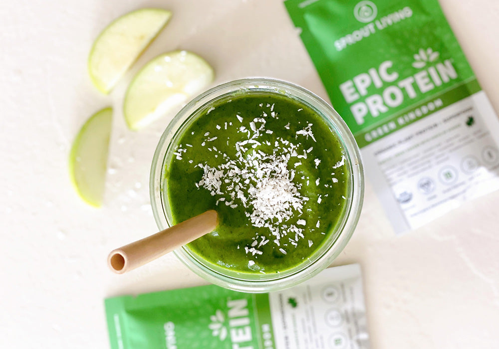 Green Smoothie with Epic Protein Green Kingdom packets and apples