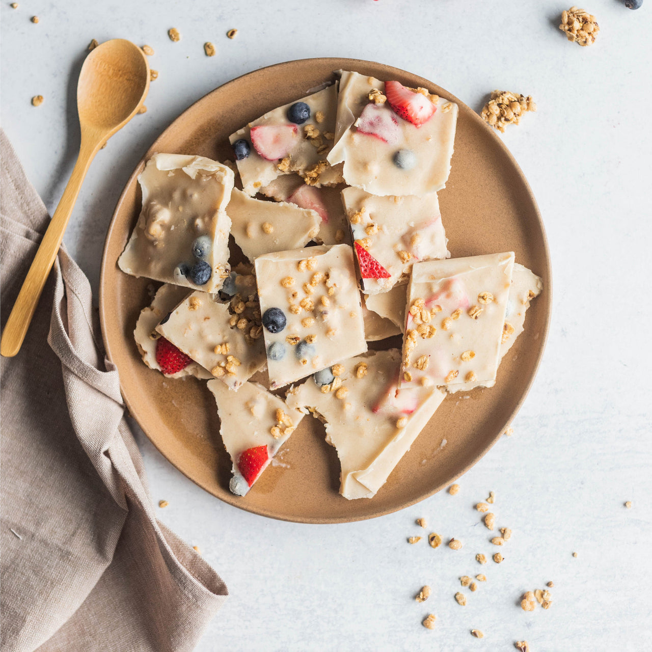 Frozen Protein Yogurt Bark on plate