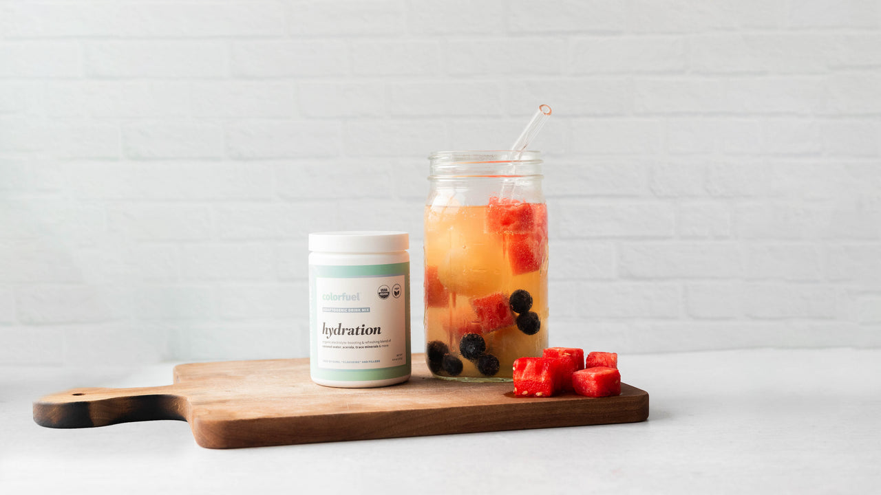 Watermelon Blueberry Refresher Drink in Glass with Colorfuel Hydration Jar