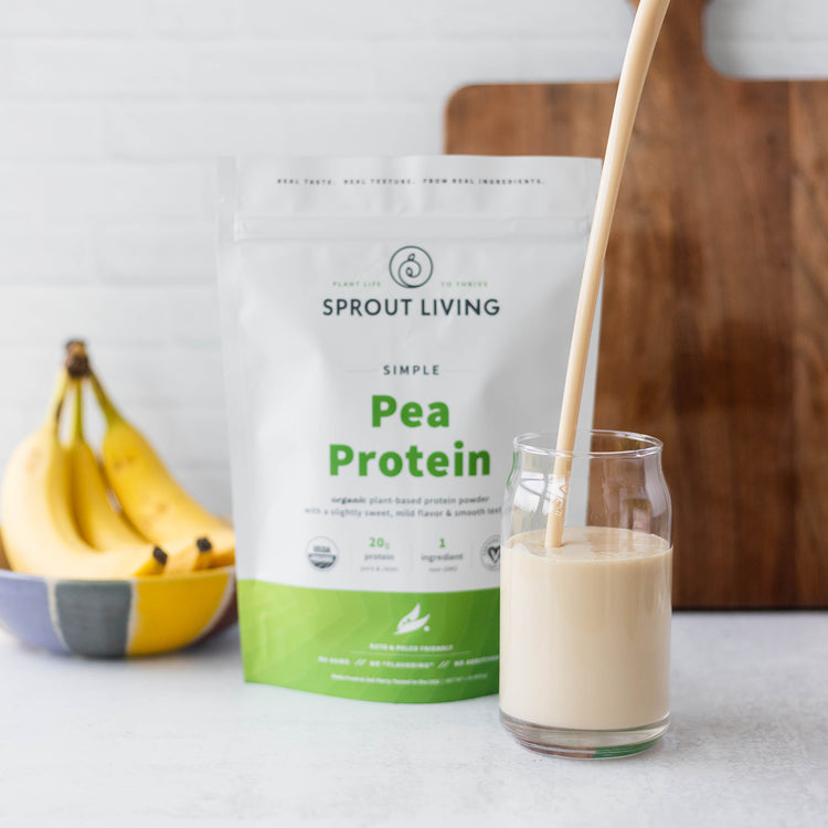Simple Pea Protein Bag in Kitchen With Smoothie Pour