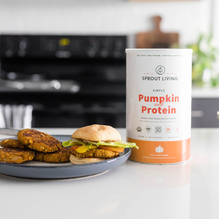 Pumpkin Seed Protein Burgers on Plate in Kichen