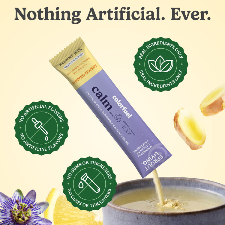 Calm colorant package with ingredients and a bowl of yellow liquid on a light background