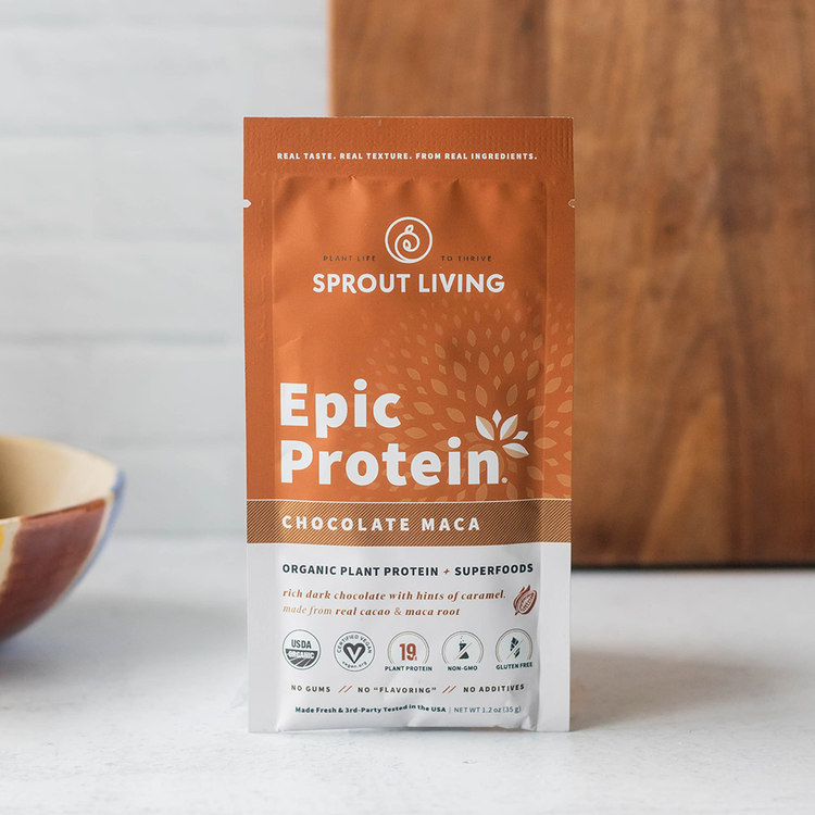 Epic Protein Chocolate Maca Single Serve Packet in Kitchen