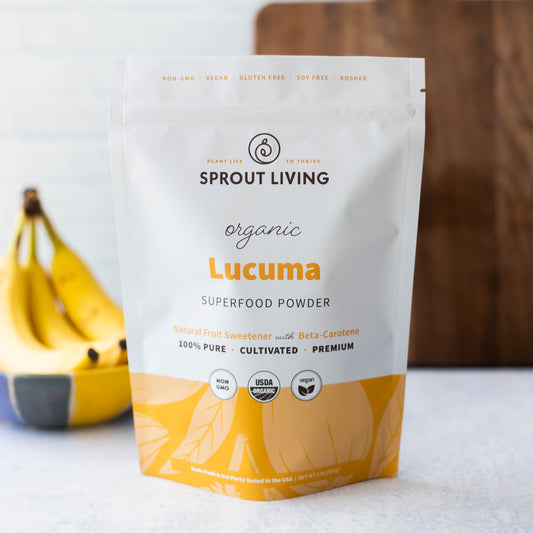Lucuma Superfood Powder 450g bag in kitchen