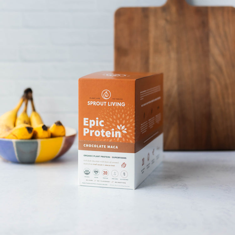 Epic Protein Chocolate Maca Display Box in Kitchen