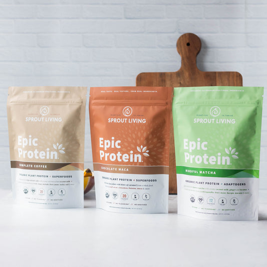 Epic Complete Coffee, Epic Chocolate Maca and Epic Mindful Matcha in Kitchen