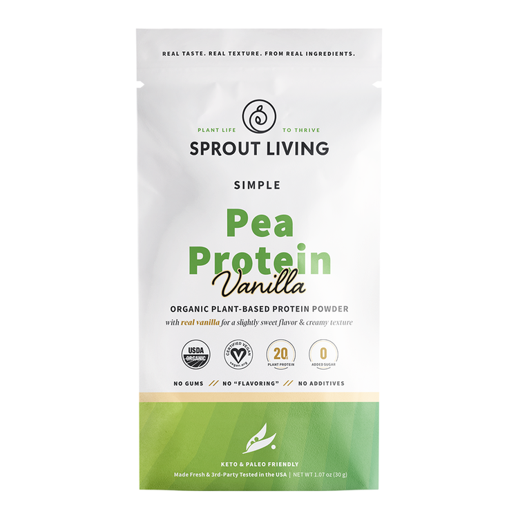 Sprout Living Pea Protein Vanilla powder package on a white background