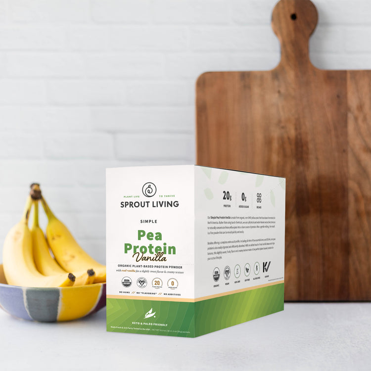 Simple Pea Protein Vanilla Display Box in Kitchen