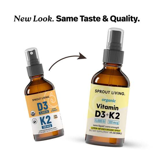Two bottles of Sprout Living Vitamin D3+K2 spray with a label change arrow between them.