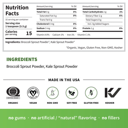 Broccoli & Kale Sprout Powder Mix ingredient detail and product information closeup
