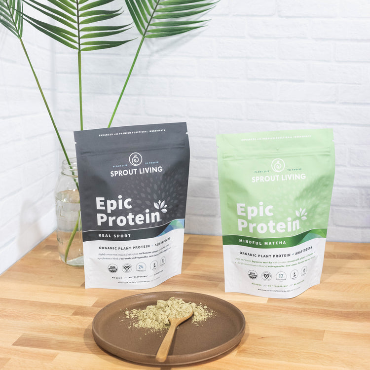 Epic Mindful Matcha and Epic Real Sport on table