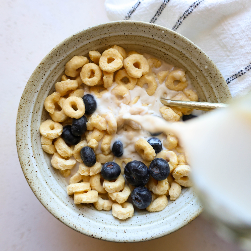 Protein Milk poured into bowl of cereal with blueberries
