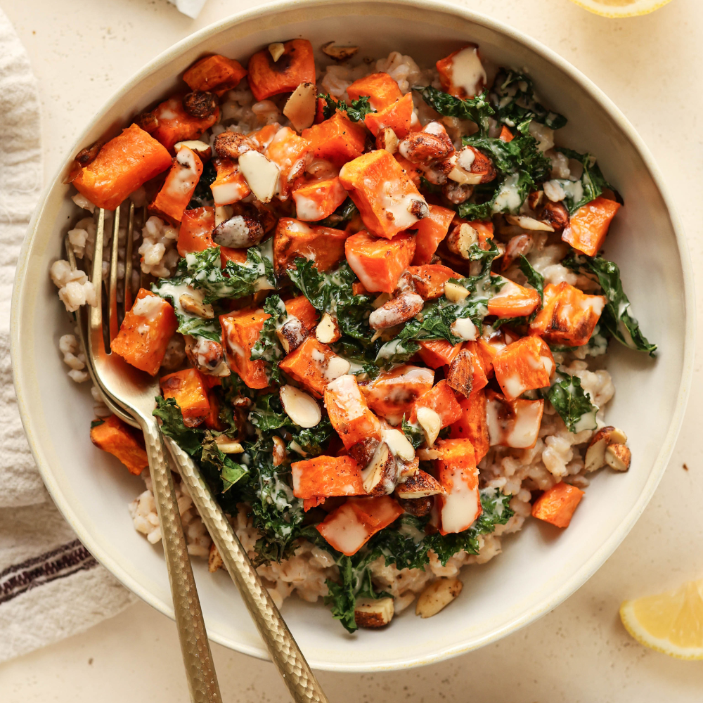 Fall Grain Bowl with sweet potatoes and kale and almonds