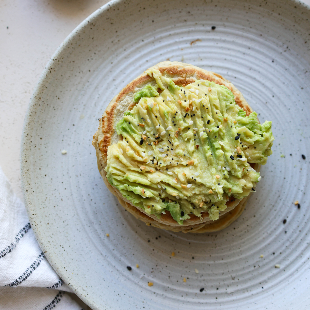 Everything Bagel Protein Pancakes with avocado mash