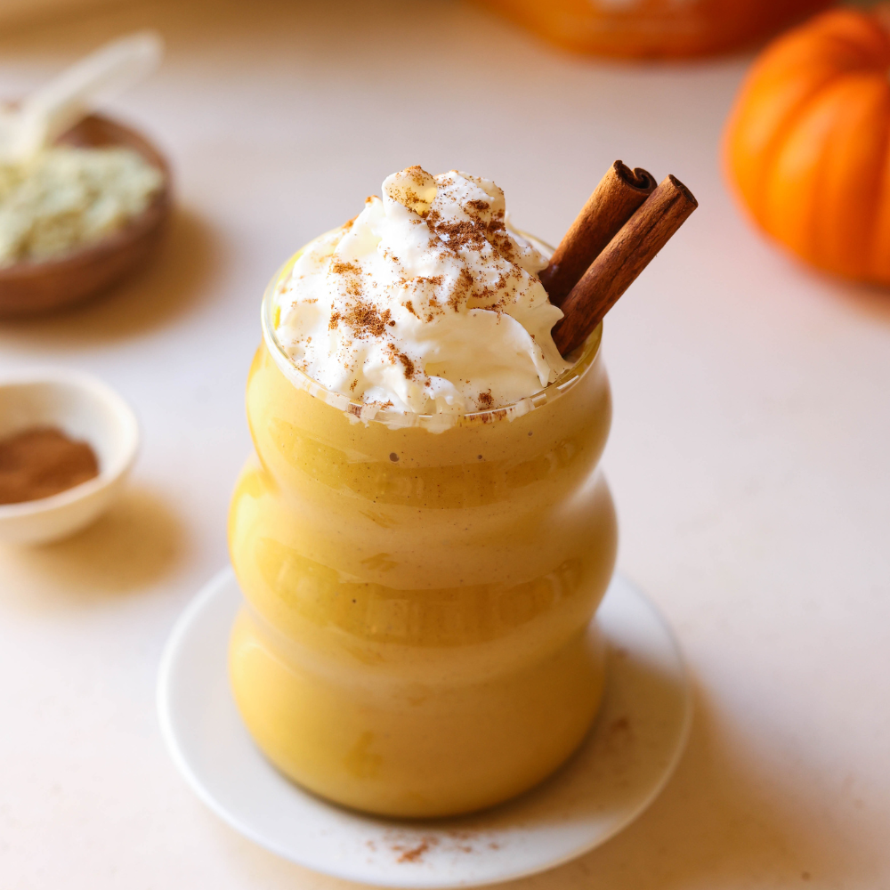 Pumpkin Protein Smoothie in Glass with Cinnamon