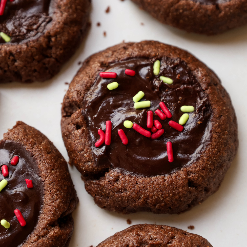 High-Protein Chocolate Ganache Thumbprint Cookies