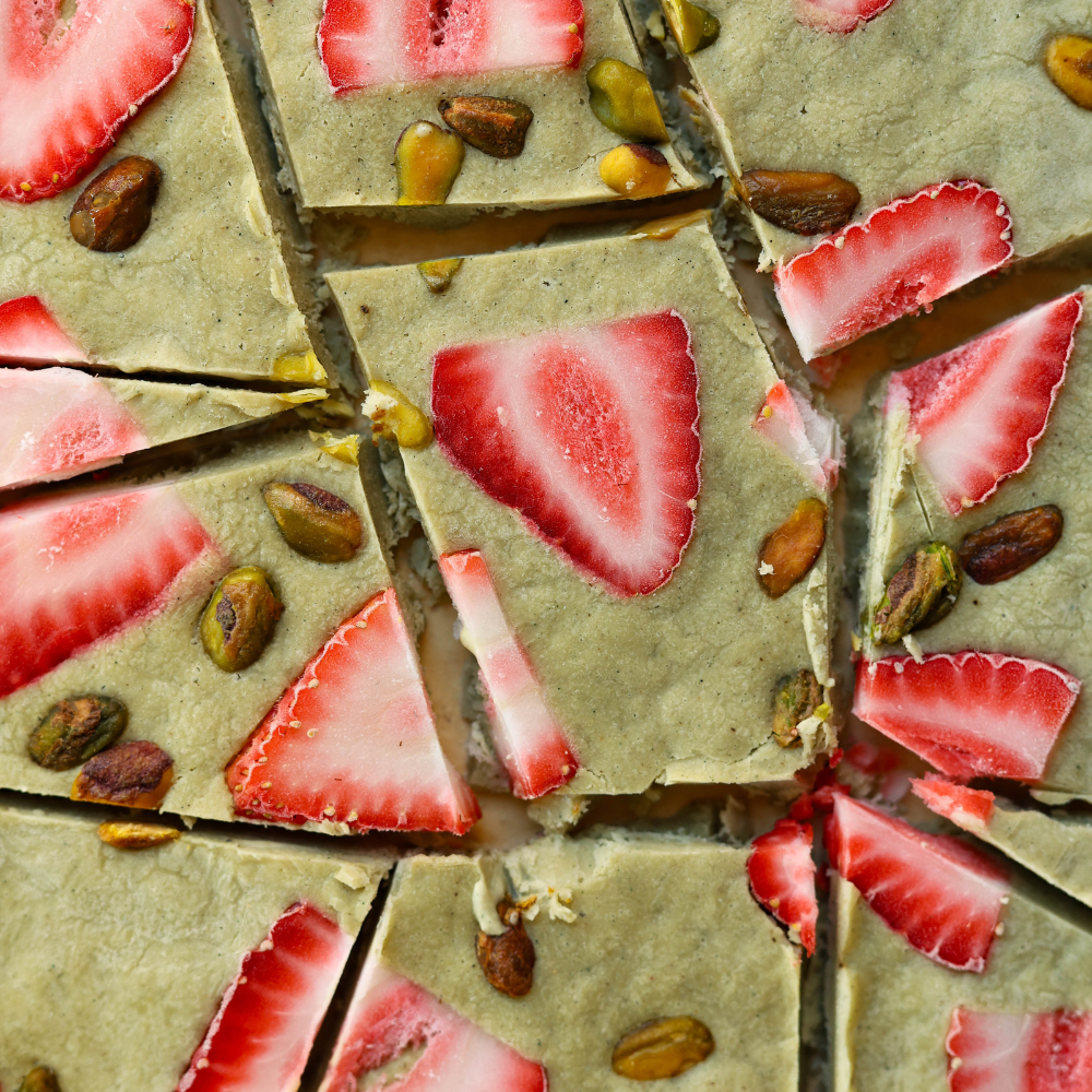 Strawberry Matcha Pistachio Protein Yogurt Bark