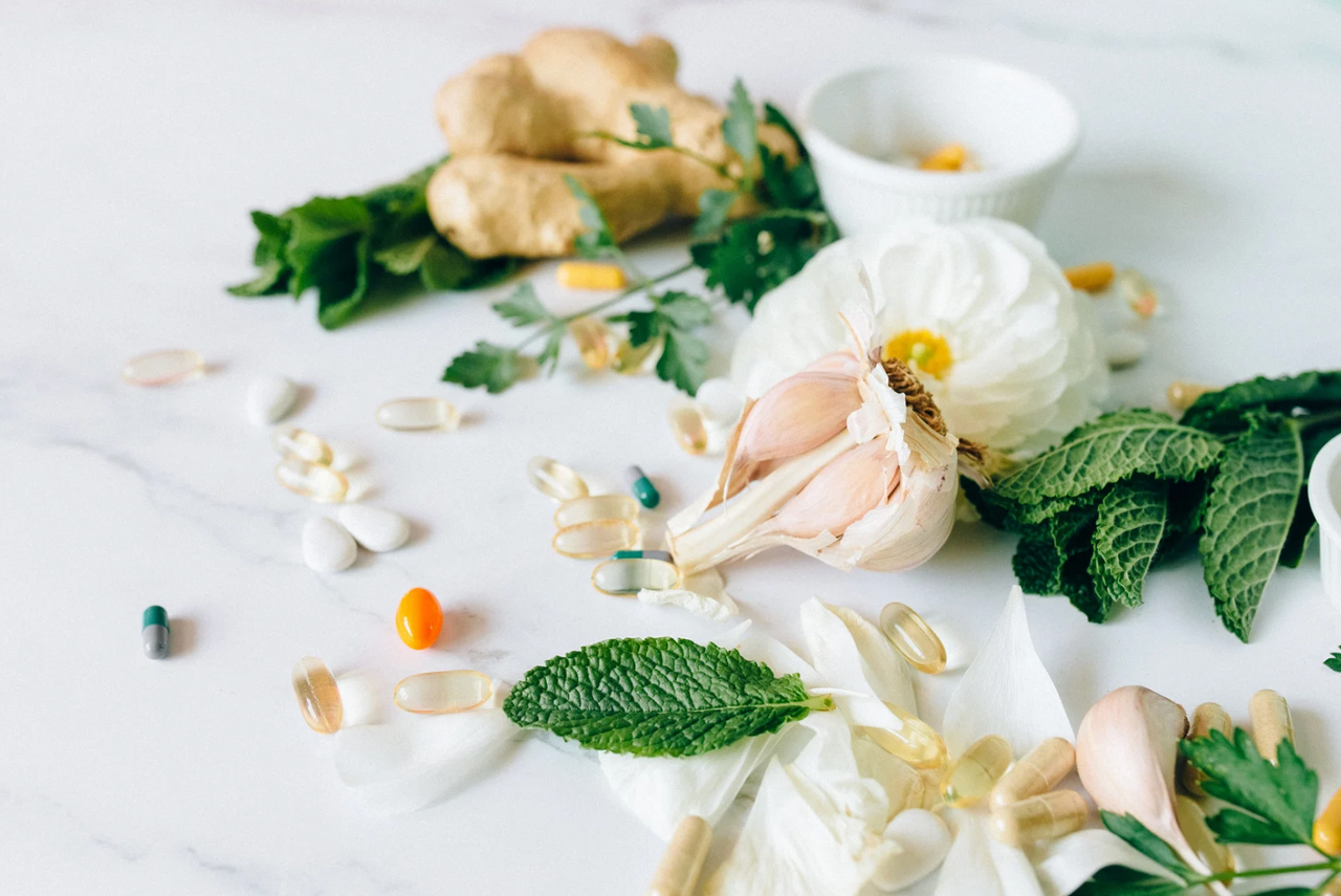 Herbal ingredients and supplements on table