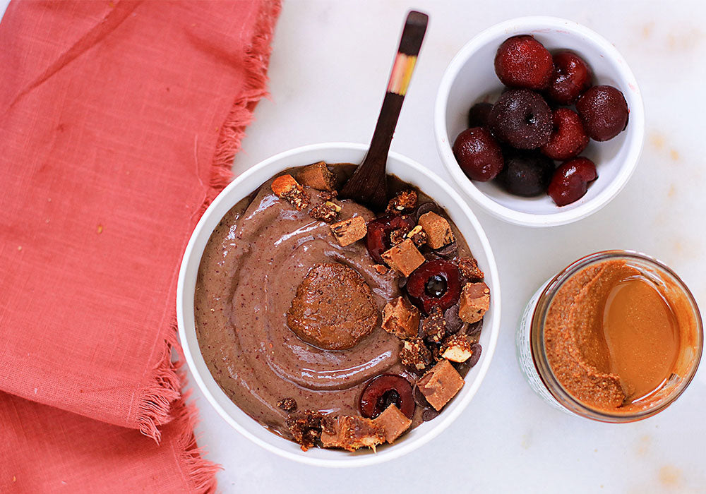 Chocolate Cherry Smoothie in bowl with red napkin