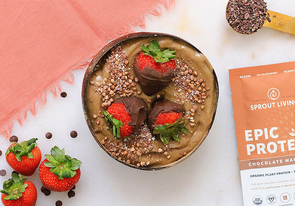 Chocolate Coverd Strawberry Smoothie in bowl with Epic Chocolate Maca packet