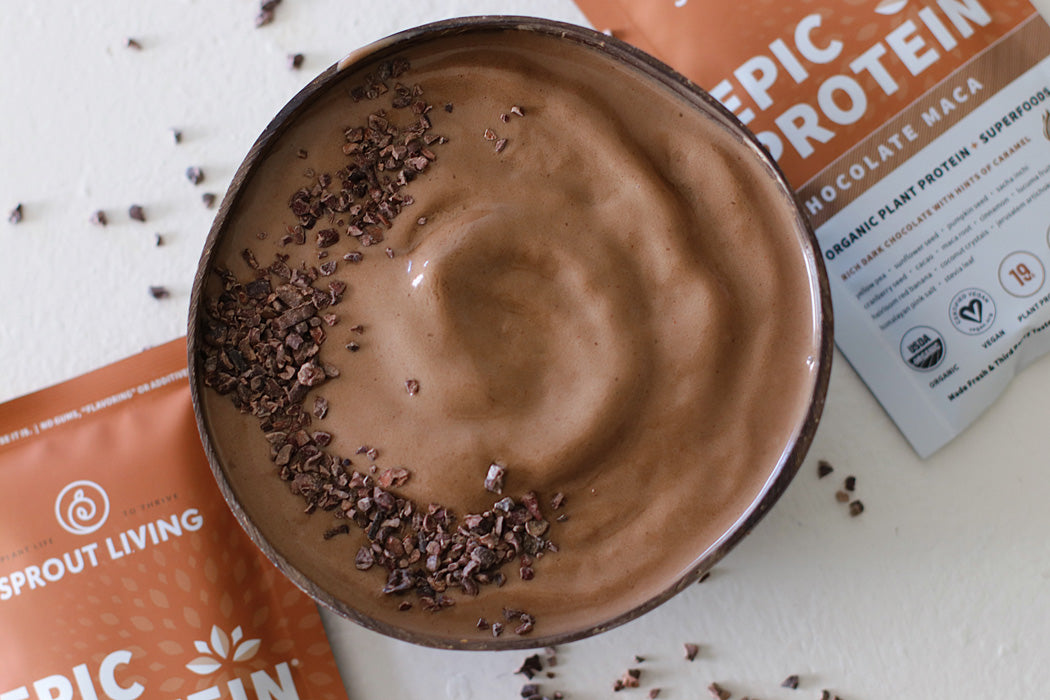 Chocolate Maca Peanut Butter Smoothie in bowl with Epic Protein Chocolate Maca