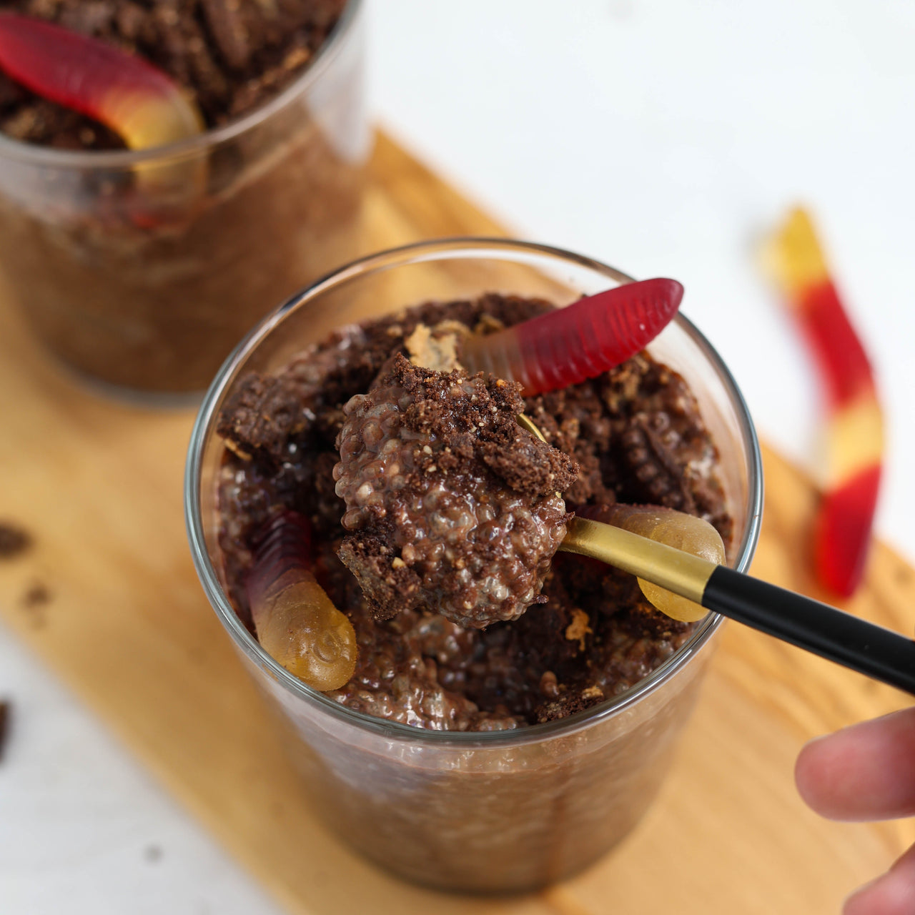 Chia Seed Protein Dirt Pudding in Bowl With Spoon