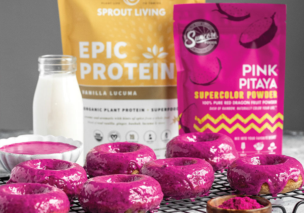 Pink Pitaya Protein Donuts with Epic Protein Vanilla Lucuma and milk