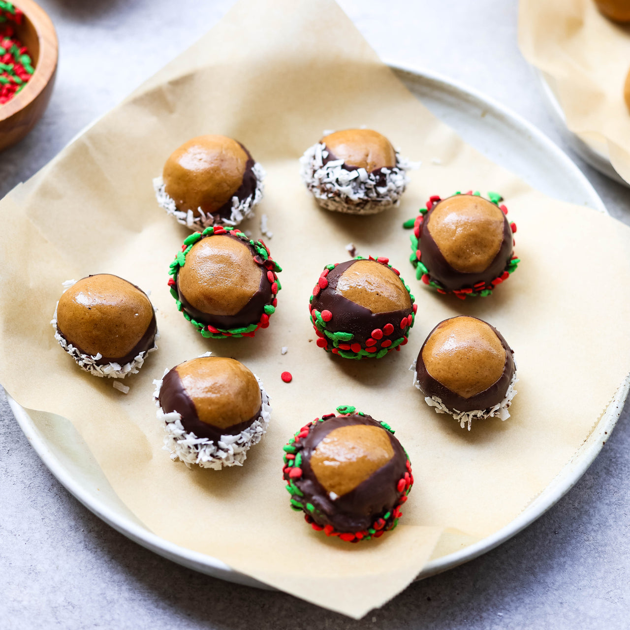 Protein Holiday Buckeye Balls on Plate