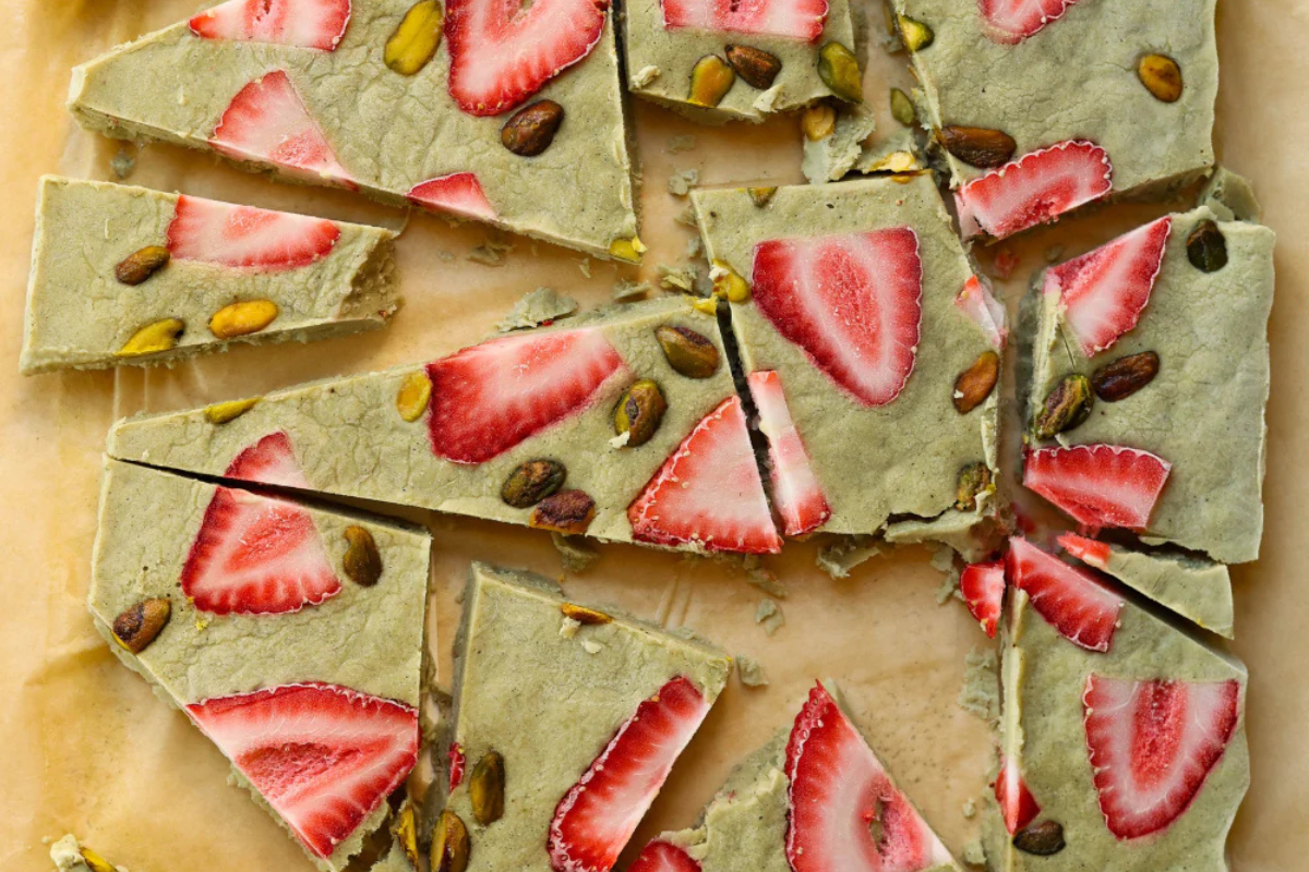 Strawberry Matcha Yogurt Bark on plate