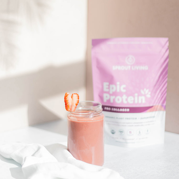 Strawberry Smoothie in Glass with Epic Protein Pro Collagen