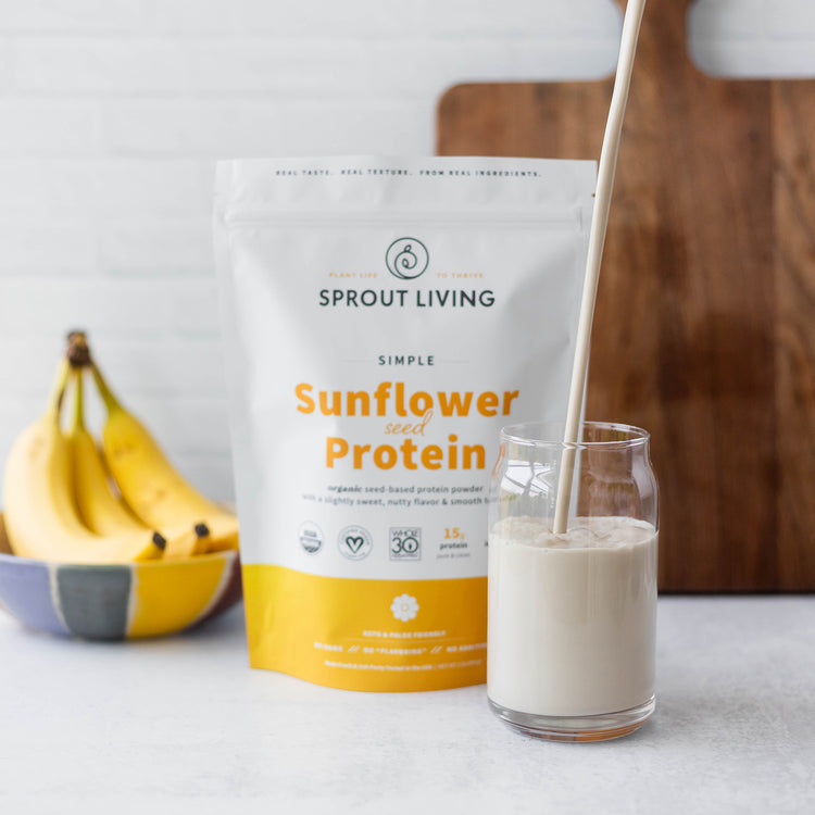 SImple Sunflower Seed Protein Bag and Smoothie Pour in Kitchen