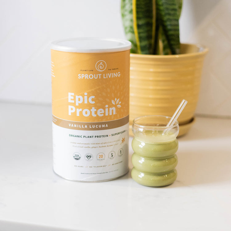Tub of Epic Protein Vanilla with Green Smoothie