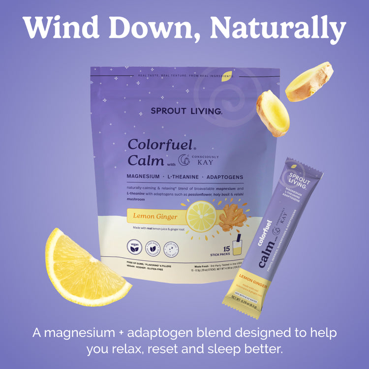 Sprout Living Colorfuel Calm supplement package with lemon slices on a purple background