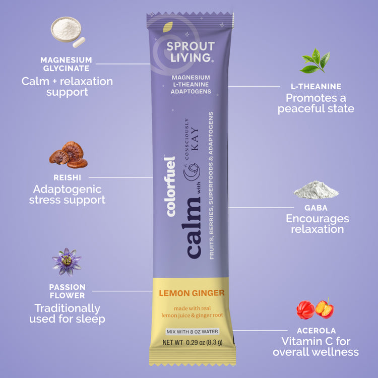 Sprout Living Calm supplement package with ingredients listed on a purple background