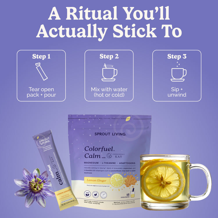 Tea packaging with lemon slices and a purple flower on a blue background, featuring text about a tea-making process.