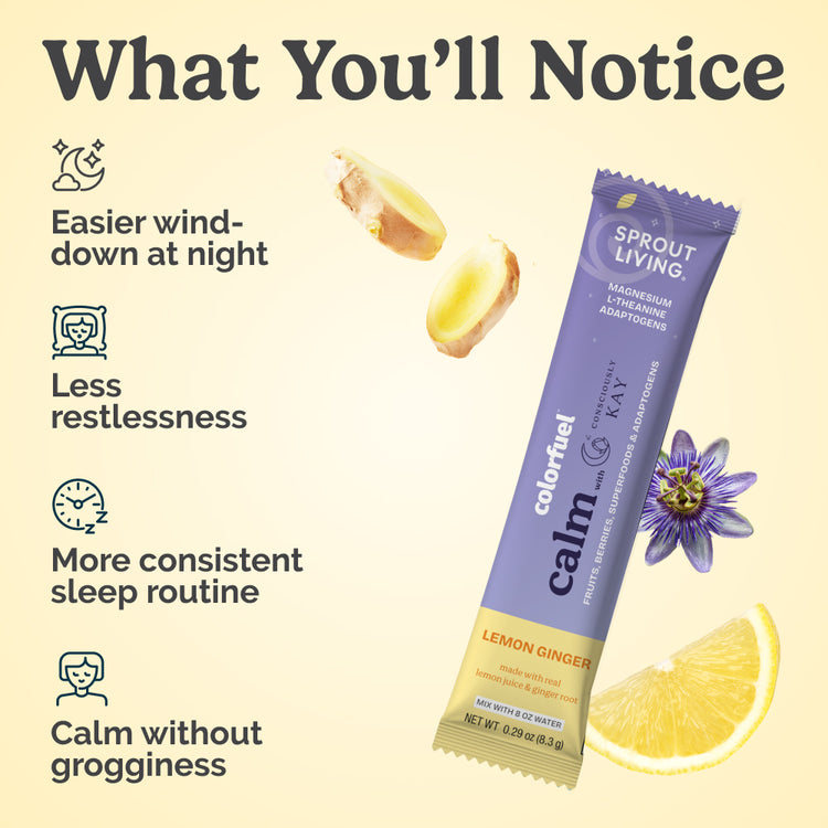 Sprout Living Calm supplement package with lemon ginger flavor on a light yellow background
