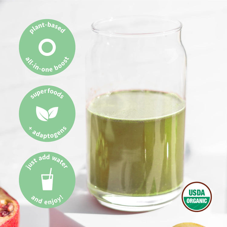 Colorfuel Slightly Sweet Greens drink blended and poured into glass