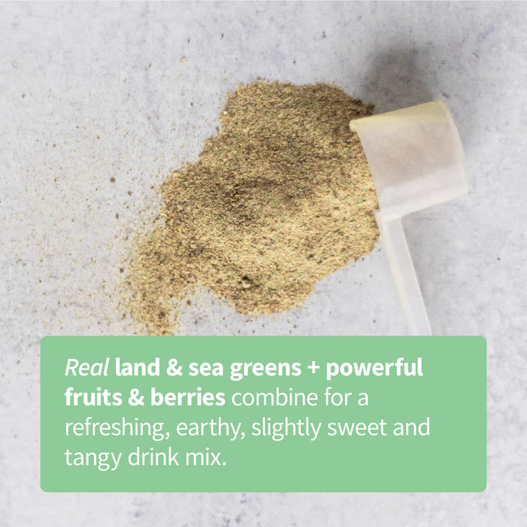 Colorfuel Slightly Sweet Greens loose powder with measuring scoop on white background