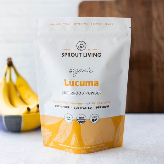 Lucuma Superfood Powder 450g bag in kitchen