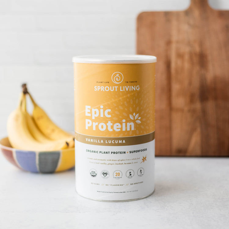 Epic Protein Vanilla Lucuma 2lb tub in Kitchen