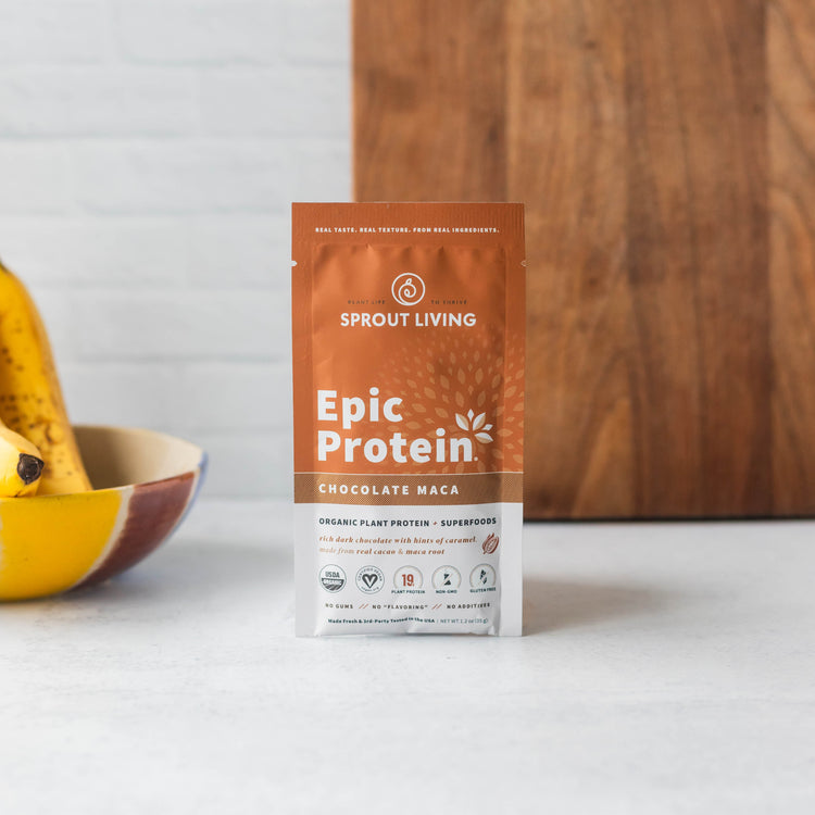 Epic Protein Chocolate Maca Single Serve Packet in Kitchen