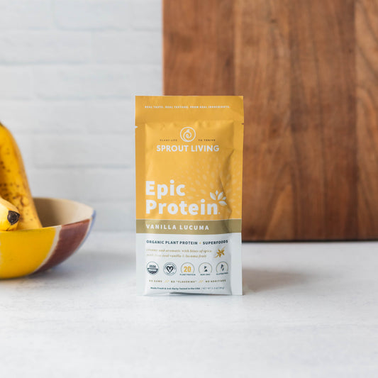 Epic Protein Vanilla Lucuma Single Serve Packet in Kitchen