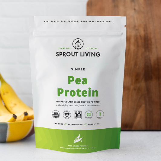 Sprout Living pea protein package with bananas in the background