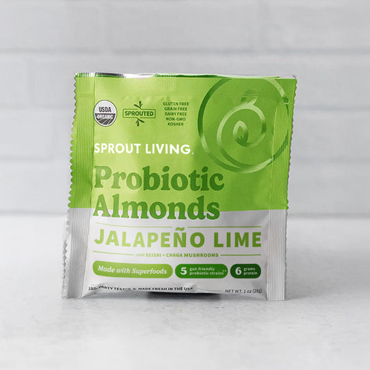 Green package of Sprout Living Probiotic Almonds Jalapeño Lime on a white background