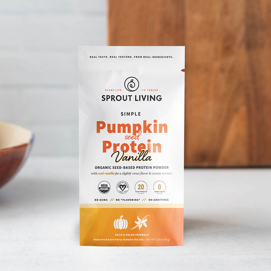 Sprout Living pumpkin seed protein powder package on a neutral background