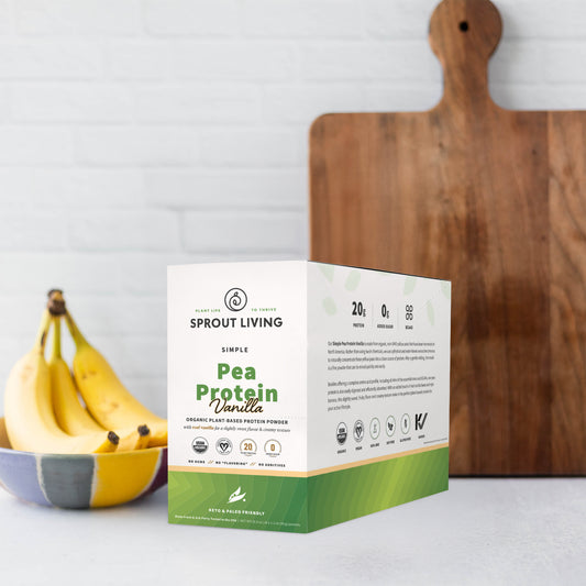 Simple Pea Protein Vanilla Display Box in Kitchen
