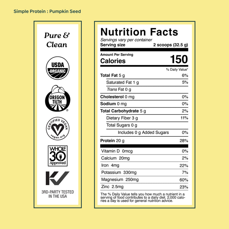 Nutrition label for pumpkin seed protein on a yellow background